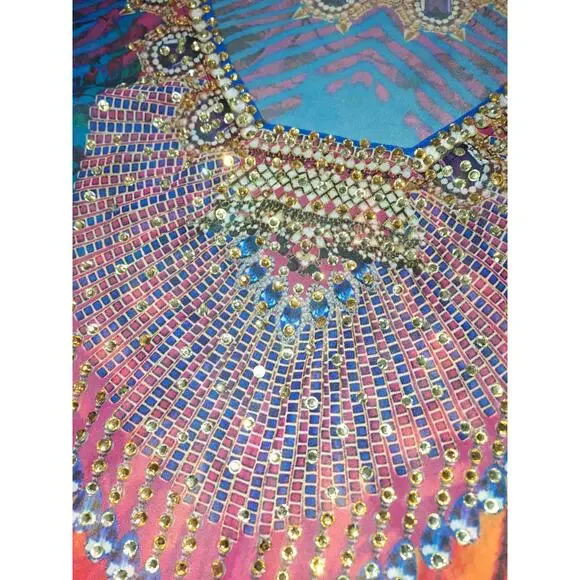 Beach coverup tunic L Abu Dhabi Large dress caftan CAMELS crystals rhinestones - Picture 3 of 6